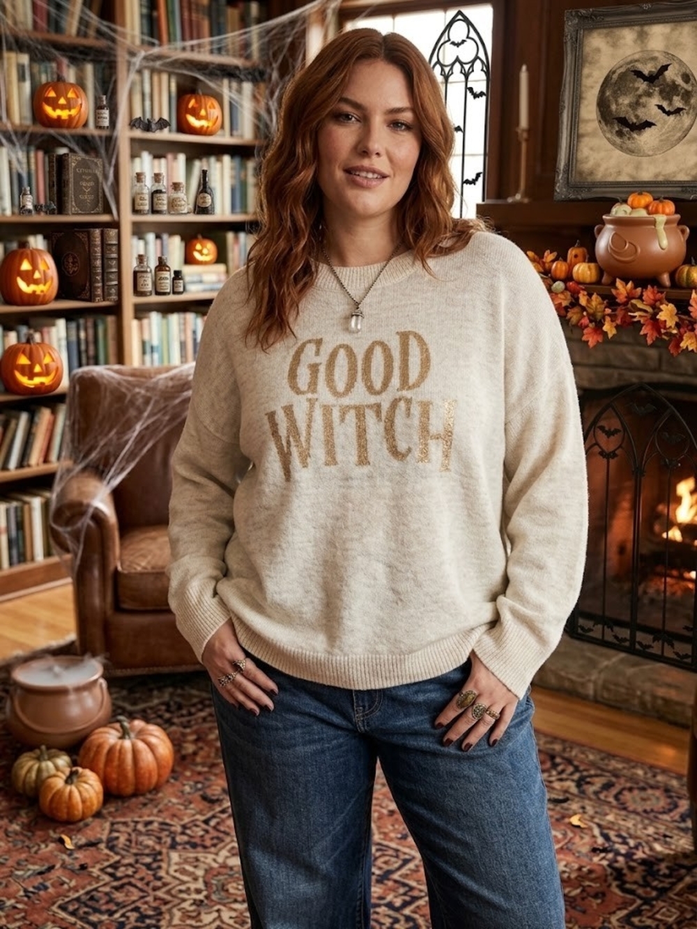 Vince Camuto Cream Sweater with Gold 'GOOD WITCH' Graphic